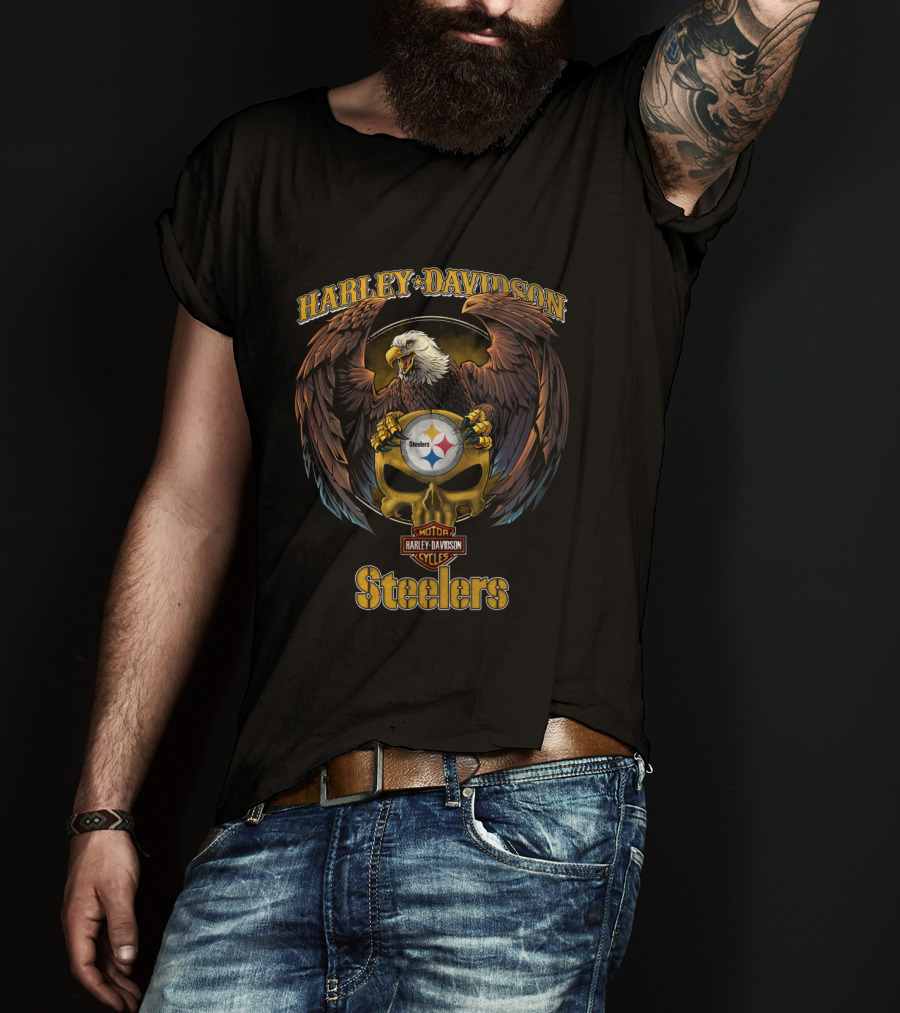 Harley Davidson Motor Cycles Eagle Skull Pittsburgh Steelers T-Shirt