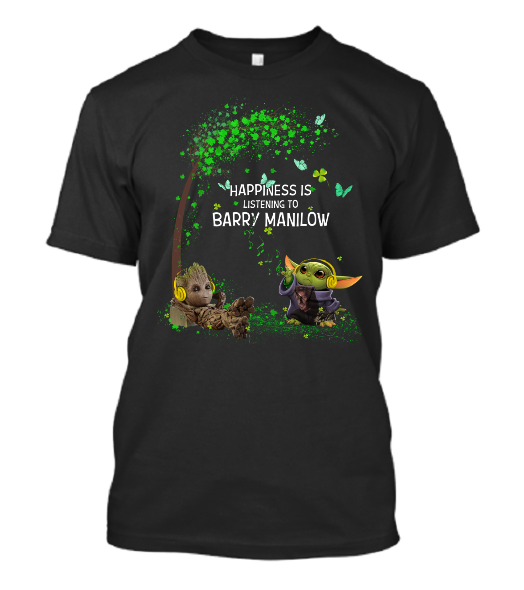 Happiness Is Listening To Barry Manilow With Headphone-Wearing Characters Under A Green Tree T-Shirt