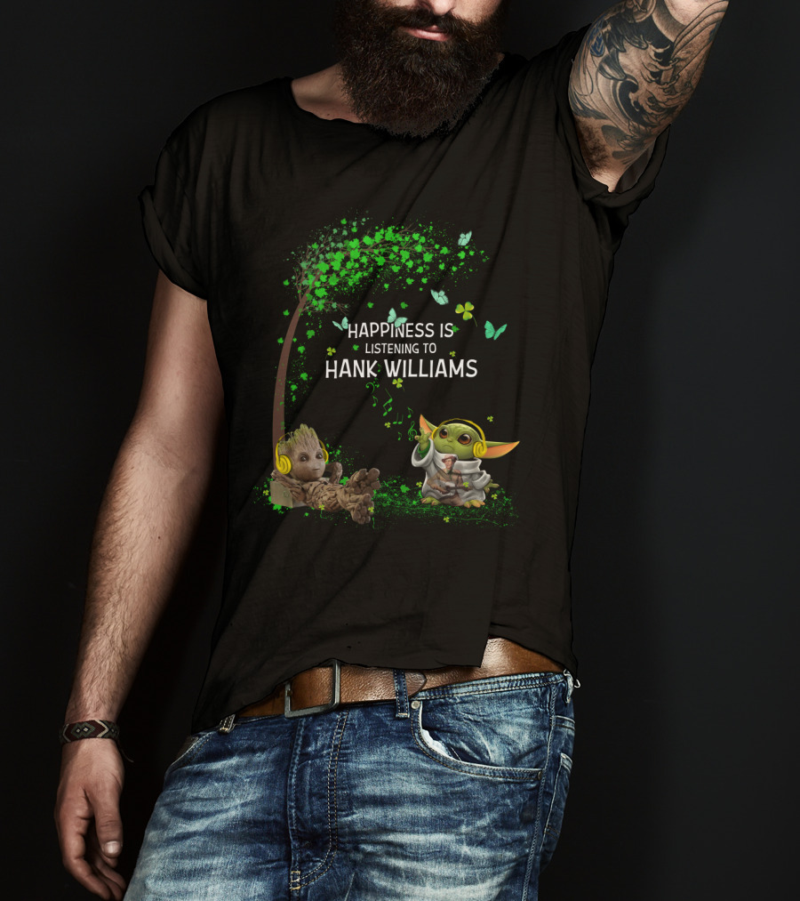 Happiness Is Listening To Hank Williams With Cute Groot And Baby Alien Character Under Tree T-Shirt