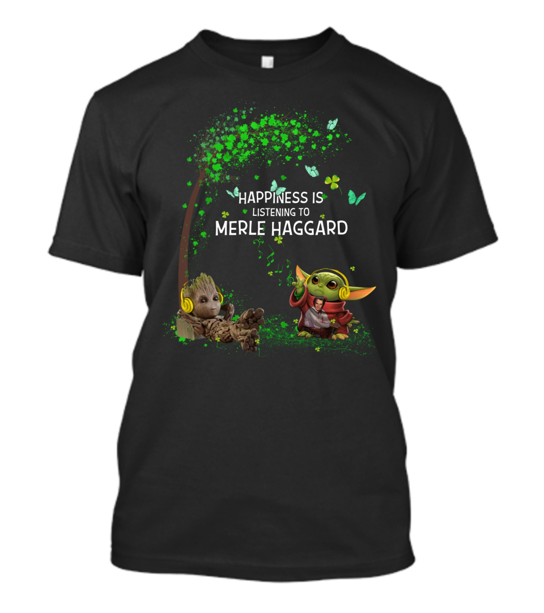 Happiness Is Listening To Merle Haggard With Headphone Characters And Green Leaves T-Shirt