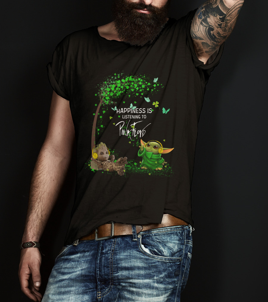 Happiness Is Listening To Pink Floyd With Headphone Characters In Green Fantasy Scene T-Shirt