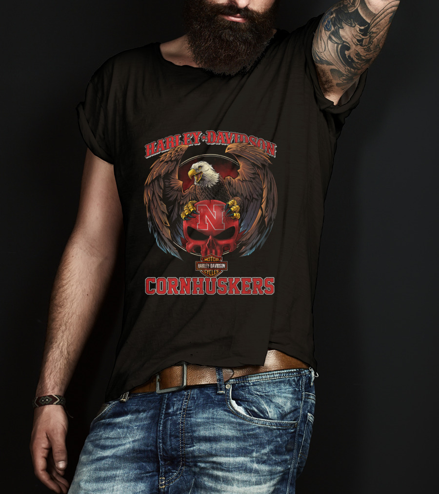 Harley Davidson Nebraska Cornhuskers Eagle And Skull T-Shirt