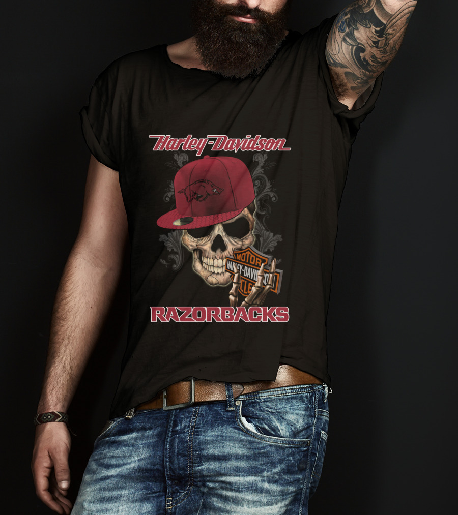 Harley Davidson Skull Arkansas Razorbacks Moto Club Hat T-Shirt