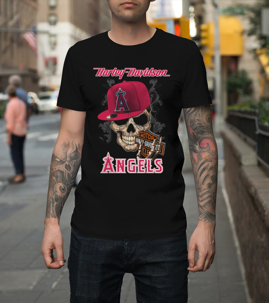Harley Davidson Los Angeles Angels Skull With Cap T-Shirt