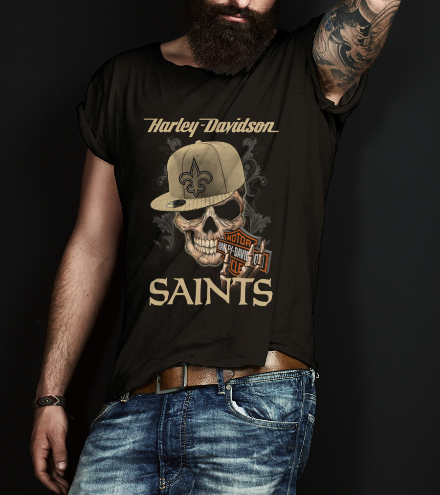 Harley Davidson Saints Skull New Orleans Fleur-De-Lis Moto T-Shirt