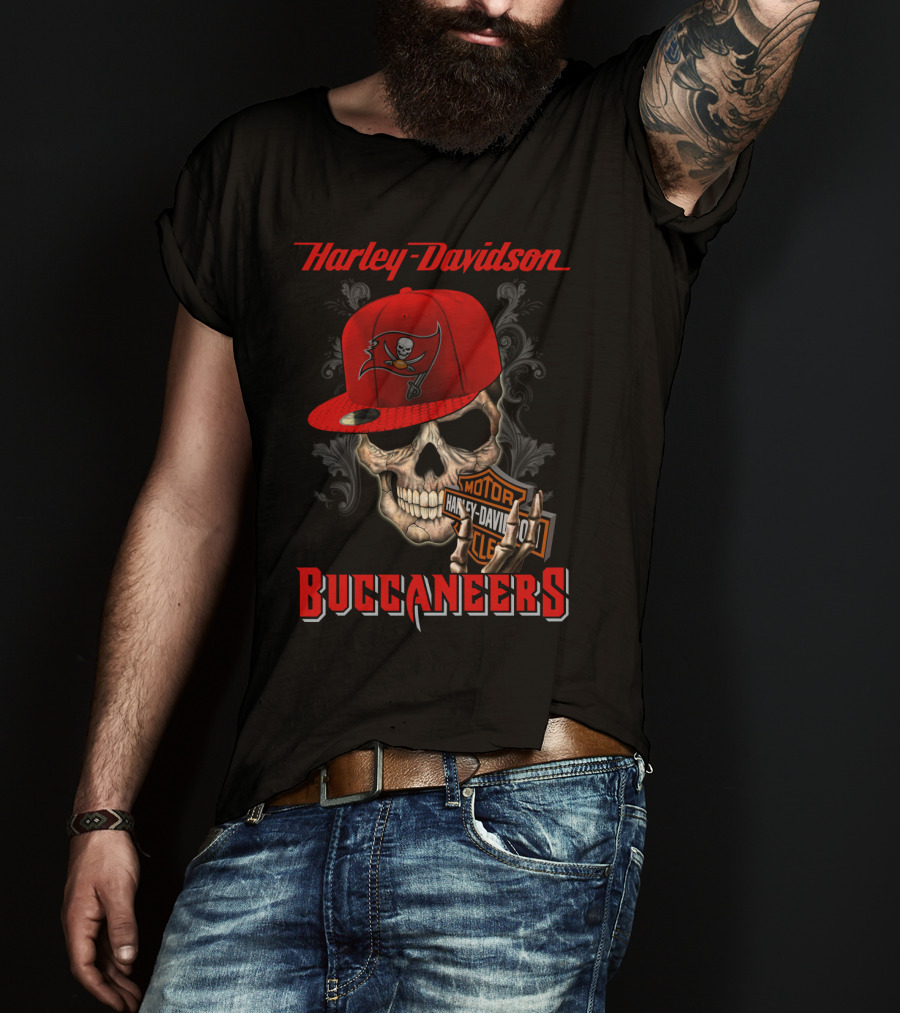 Harley Davidson Buccaneers Skull With Motorcycle Logo Tampa Bay Buccaneers T-Shirt