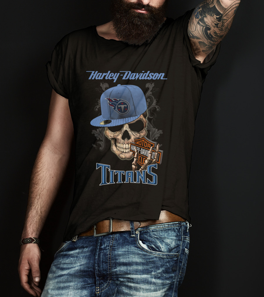 Harley Davidson Skull With Tennessee Titans Cap T-Shirt