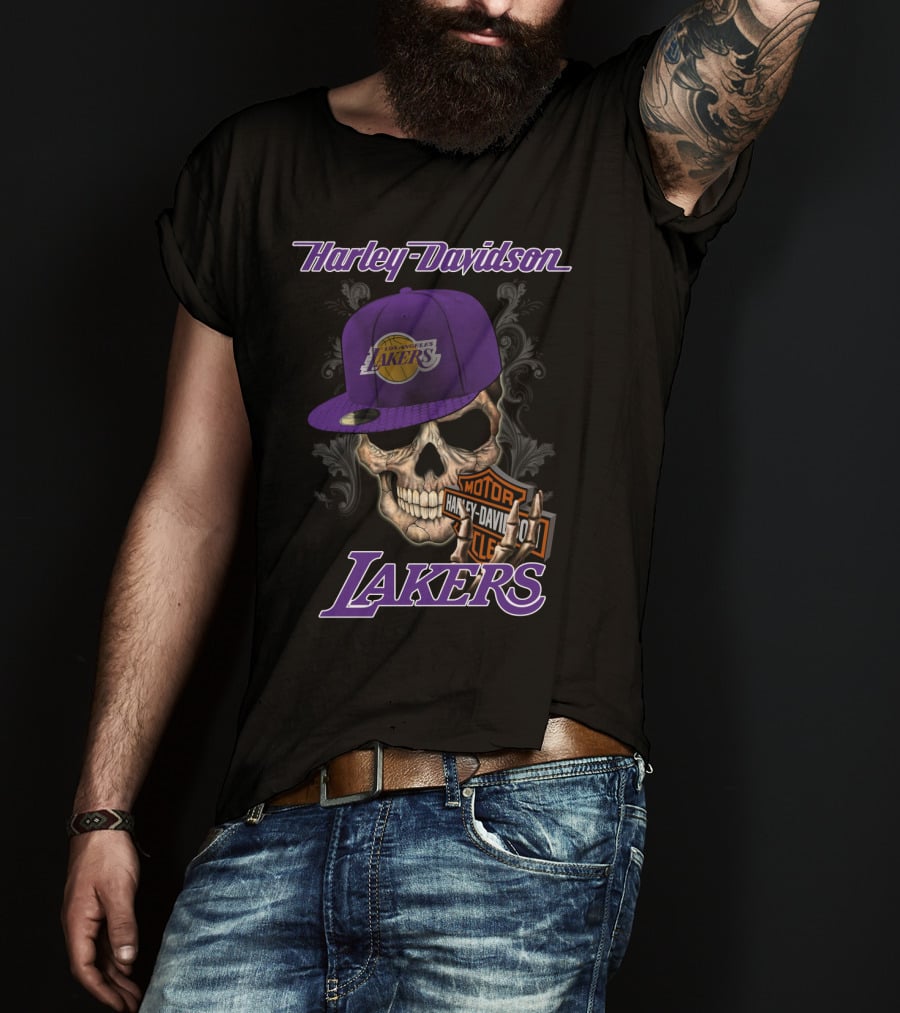 Harley Davidson Los Angeles Lakers Skull עם כובע Nba1 T-Shirt