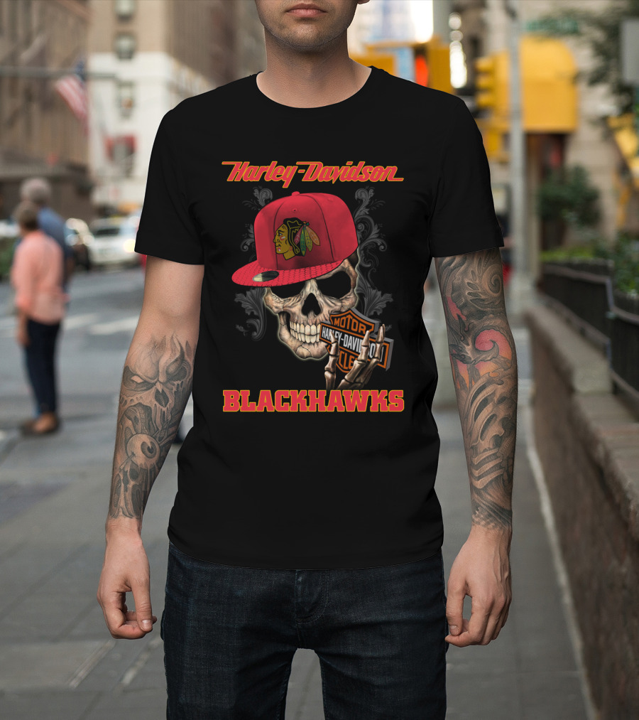Harley Davidson Skull With Chicago Blackhawks Cap And Motor Cycle T-Shirt