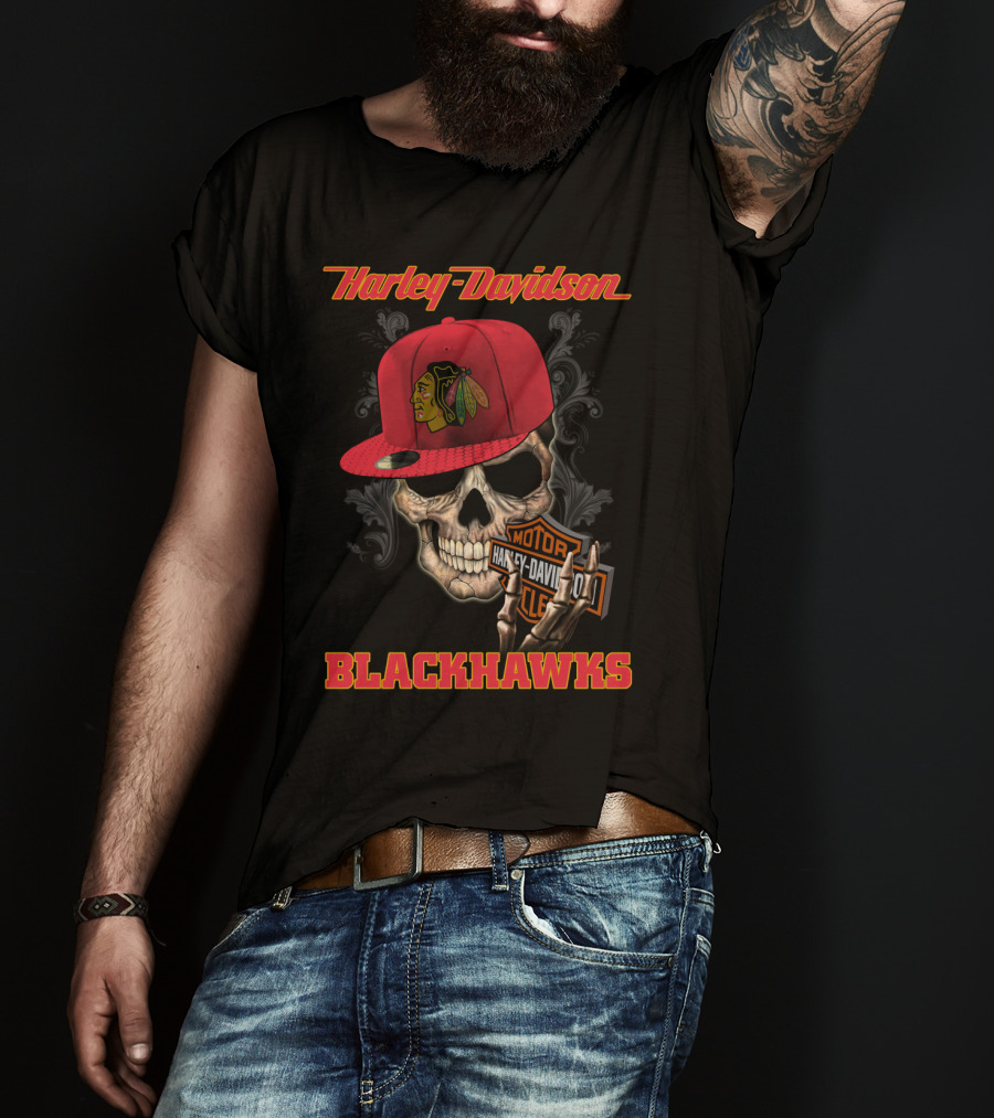 Harley Davidson Skull With Chicago Blackhawks Cap And Motor Cycle T-Shirt
