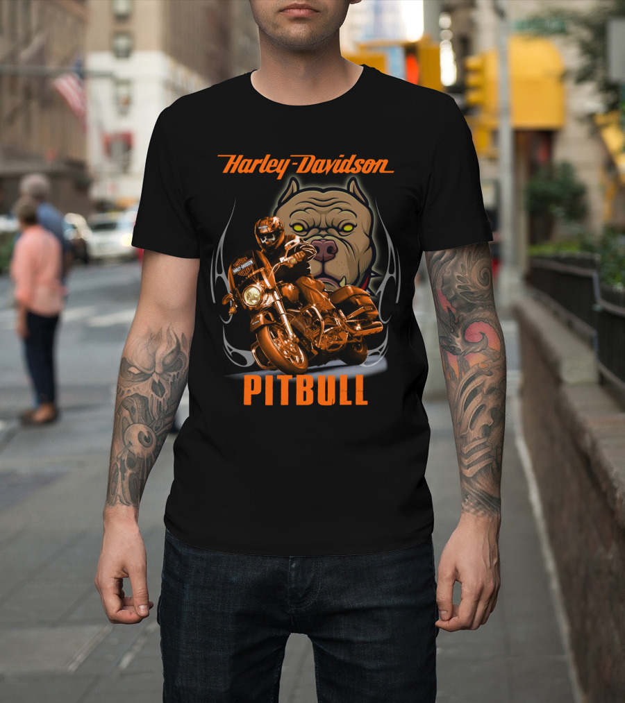 Harley Davidson Pitbull Motorcycle Rider With Dog T-Shirt