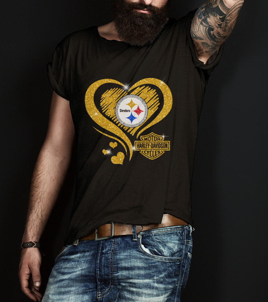 Steelers Heart Gold Motor Harley Davidson Cycles T-Shirt