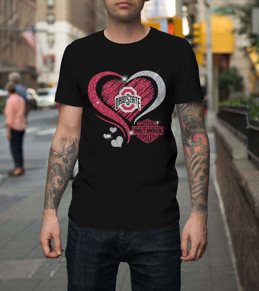 Ohio State Buckeyes Heart With Harley Davidson Motorcycles T-Shirt