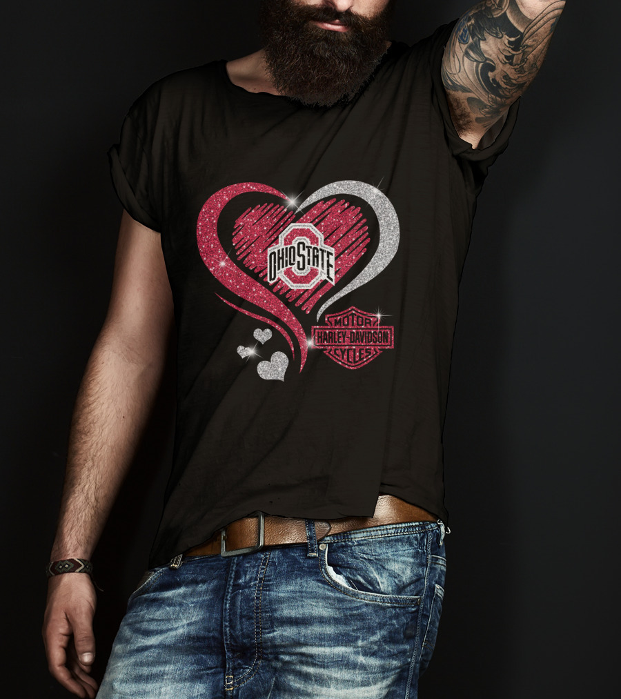 Ohio State Buckeyes Heart With Harley Davidson Motorcycles T-Shirt