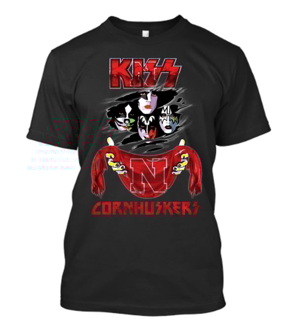 KISS Rock Band Faces With Nebraska Cornhuskers Red Scarf T-Shirt