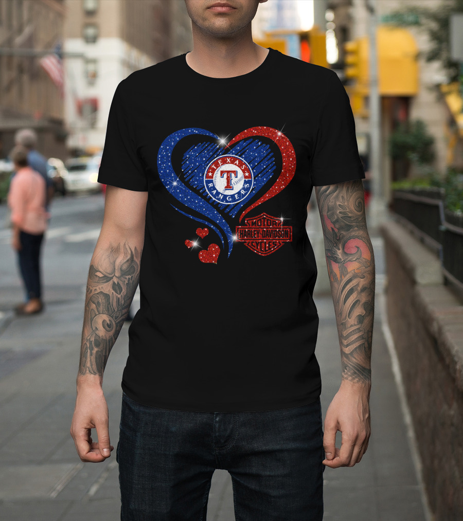 Texas Rangers Harley Davidson Heart Glitter T-Shirt