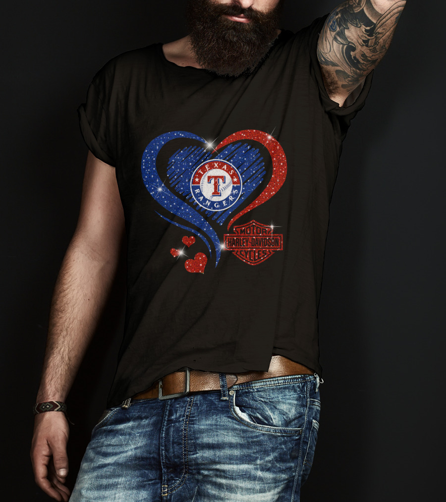 Texas Rangers Harley Davidson Heart Glitter T-Shirt