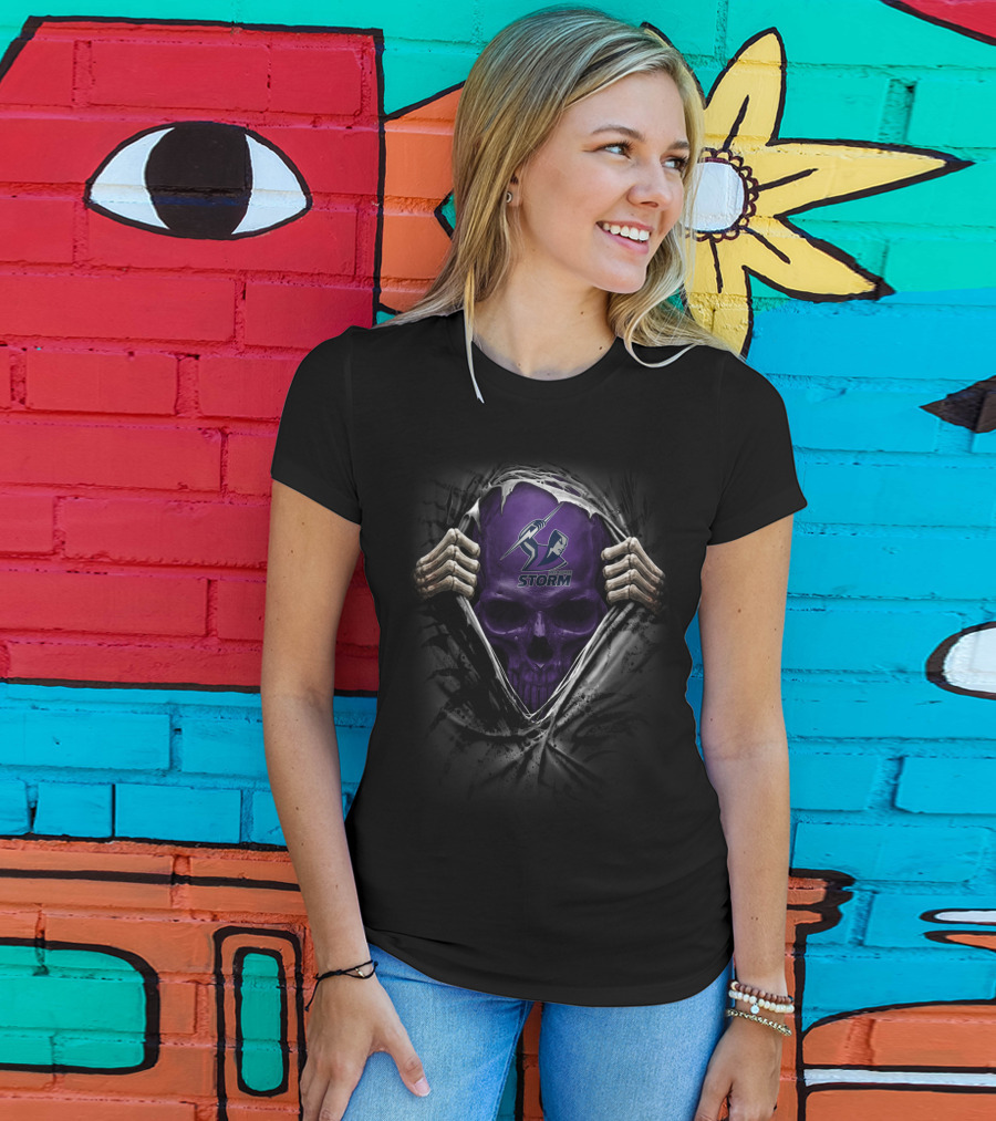 XA NRL Melbourne Storm Skull With Logo And Skeleton Hands T-Shirt