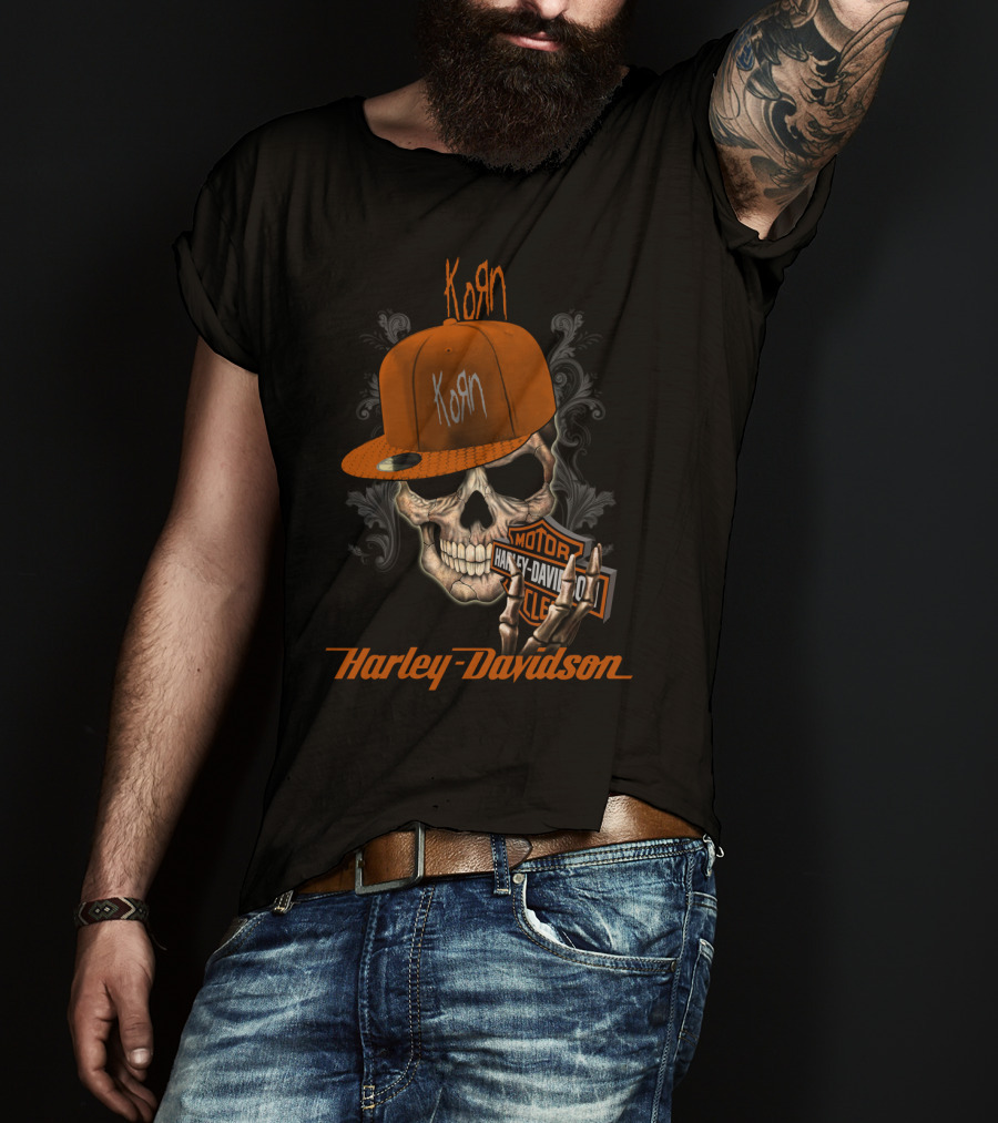 Korn Harley Davidson Skull With Orange Cap T-Shirt