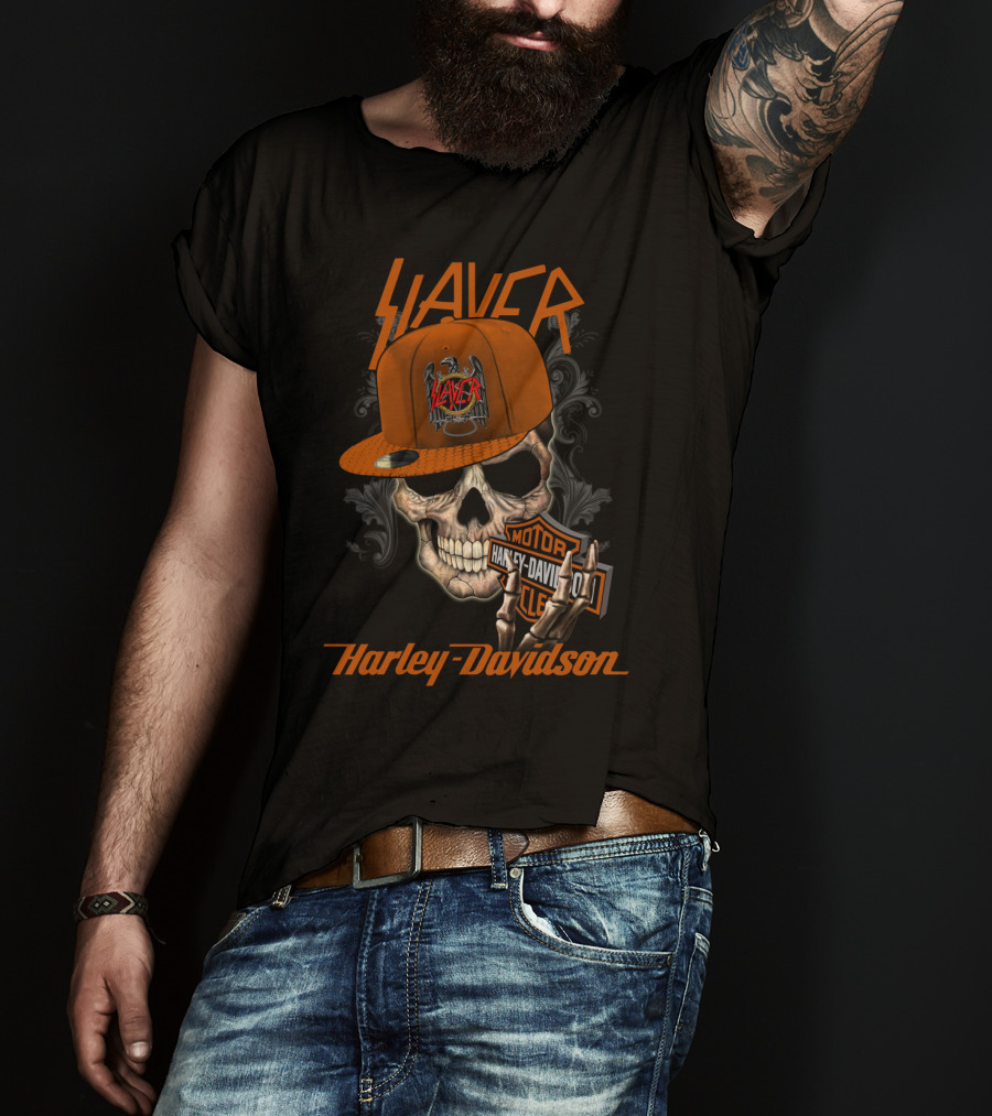 Slayer Harley Davidson Skull With Hat Moto Art T-Shirt
