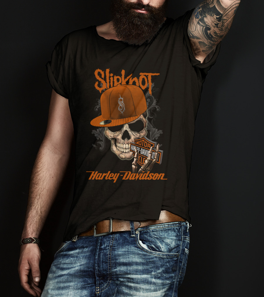 Slipknot Harley Davidson Skull With Orange Cap T-Shirt