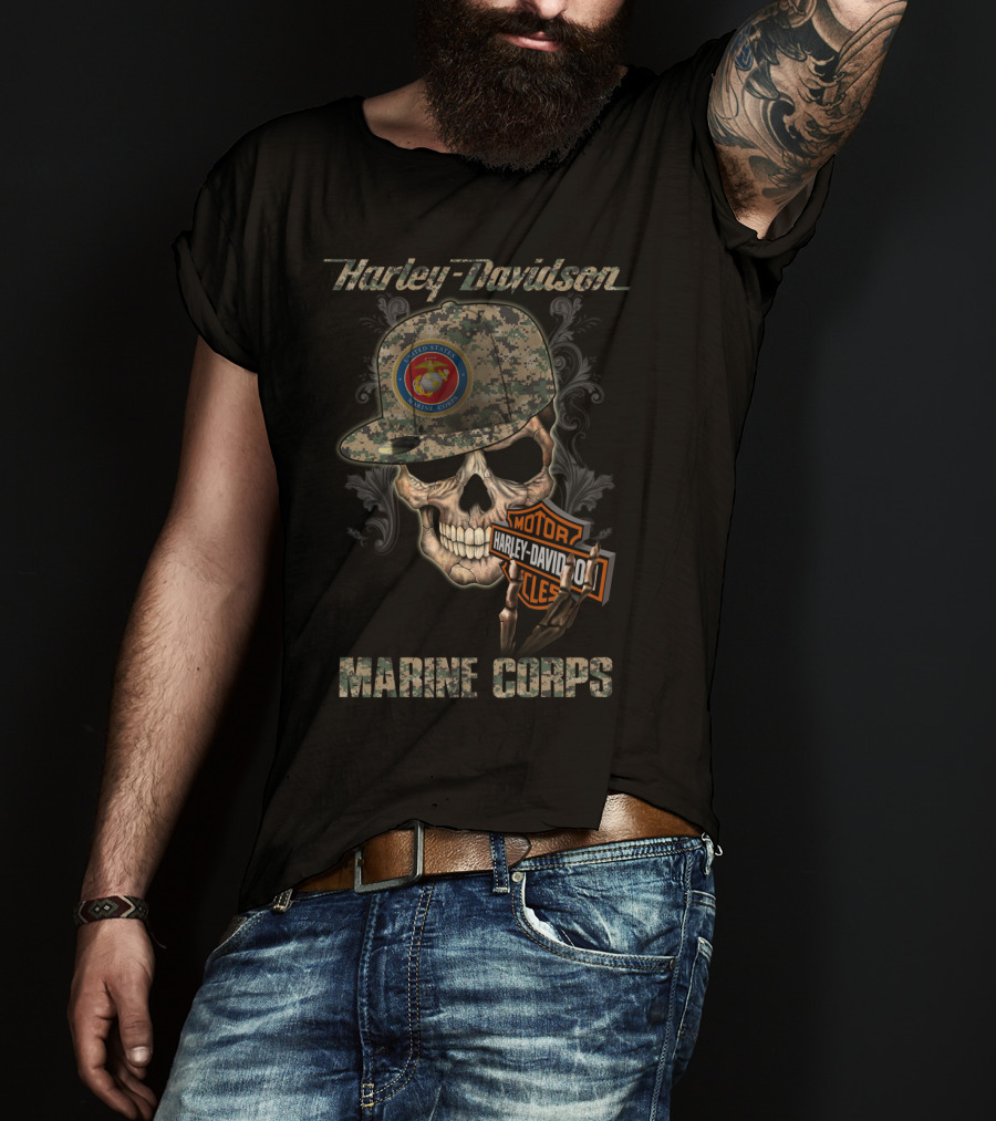 Harley Davidson Marine Corps Skull With Camo Cap T-Shirt