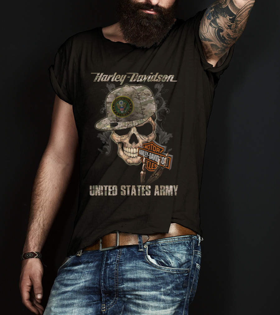 Harley Davidson United States Army Skull With Camo Cap And Motorcycles Badge T-Shirt