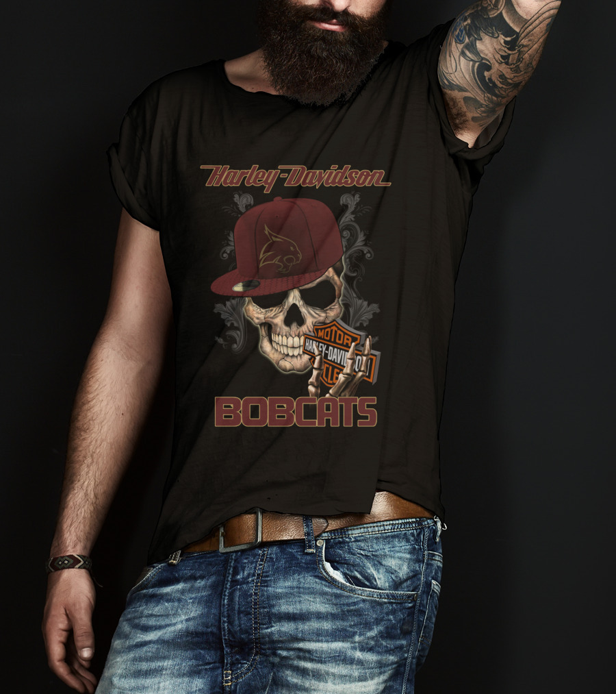 Harley Davidson Bobcats Skull With Texas State Emblem And Cap T-Shirt