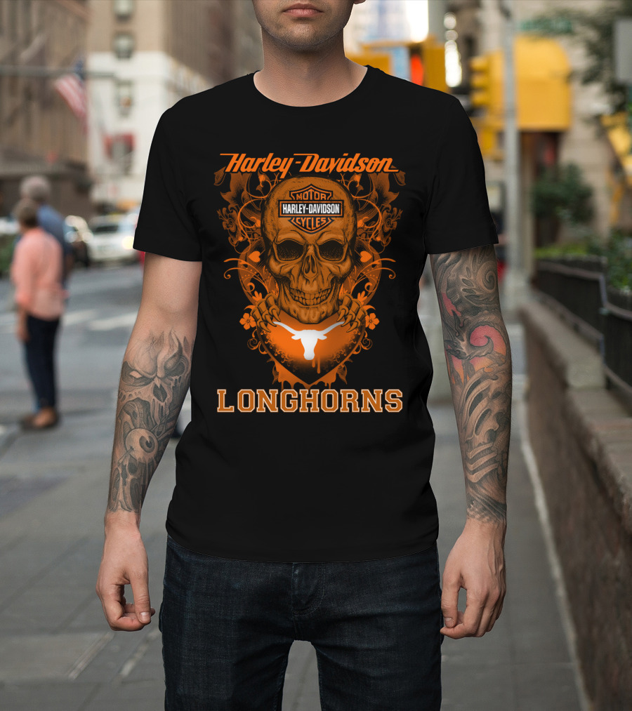 Harley Davidson Motor Cycles Skull Texas Longhorns T-Shirt