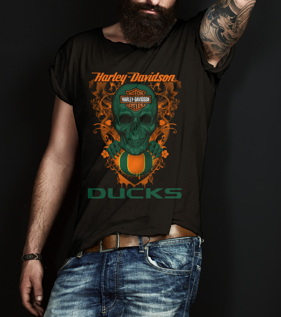 Harley Davidson Motorcycles Oregon Ducks Skulls T-Shirt