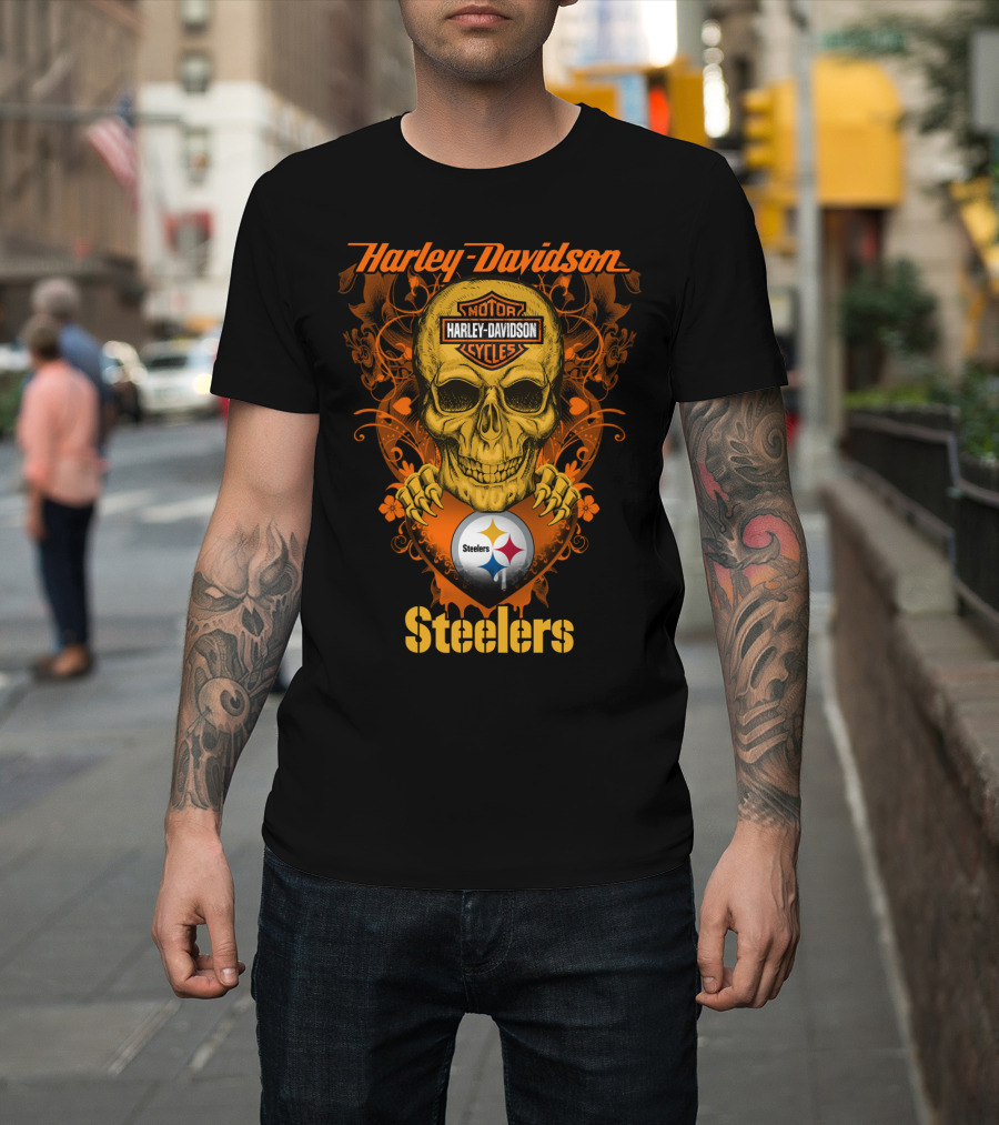 Harley Davidson Motorcycles Skull With Pittsburgh Steelers T-Shirt