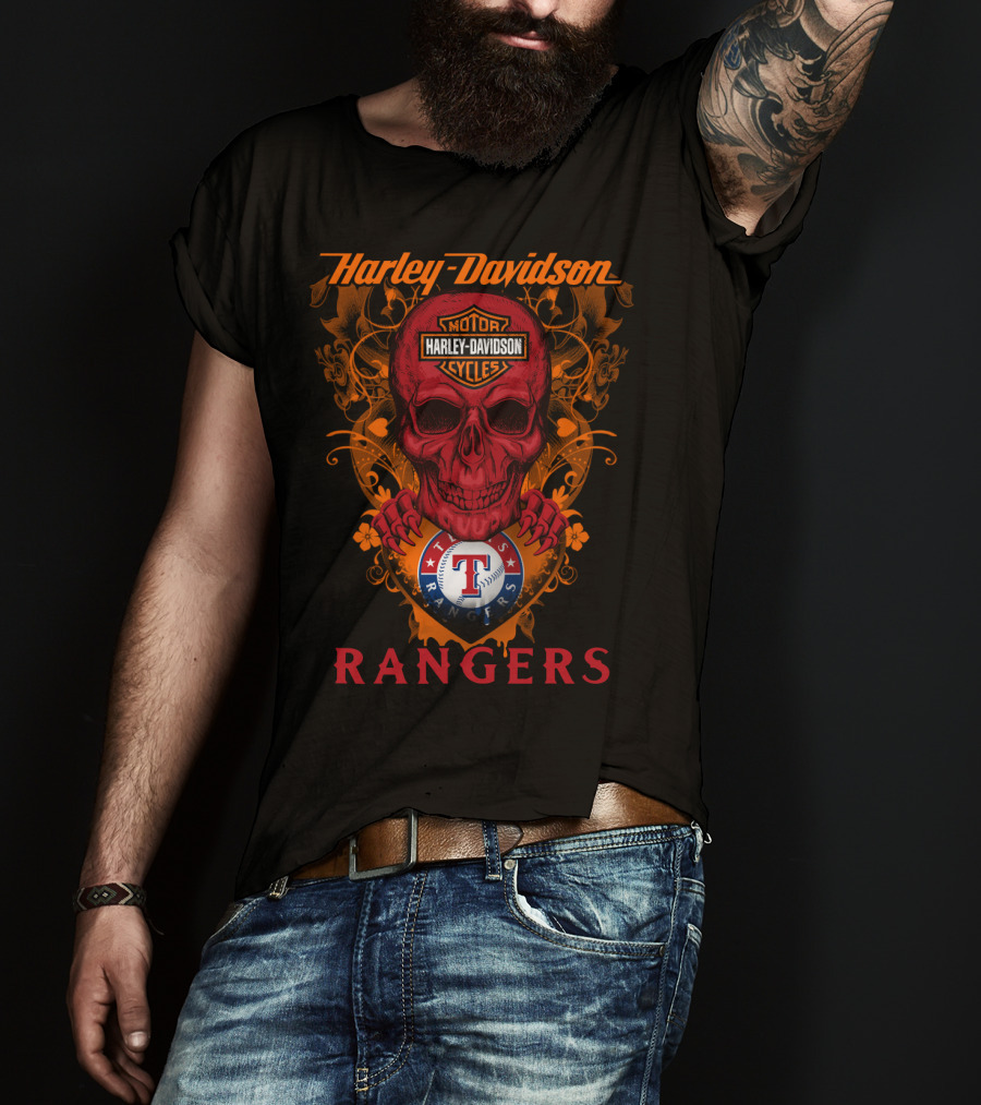 Harley Davidson Motor Cycles Skull Texas Rangers Mlb T-Shirt