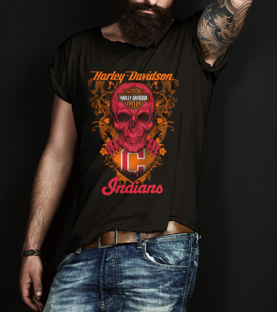 Harley Davidson Motor Cycles Skull Cleveland Indians T-Shirt