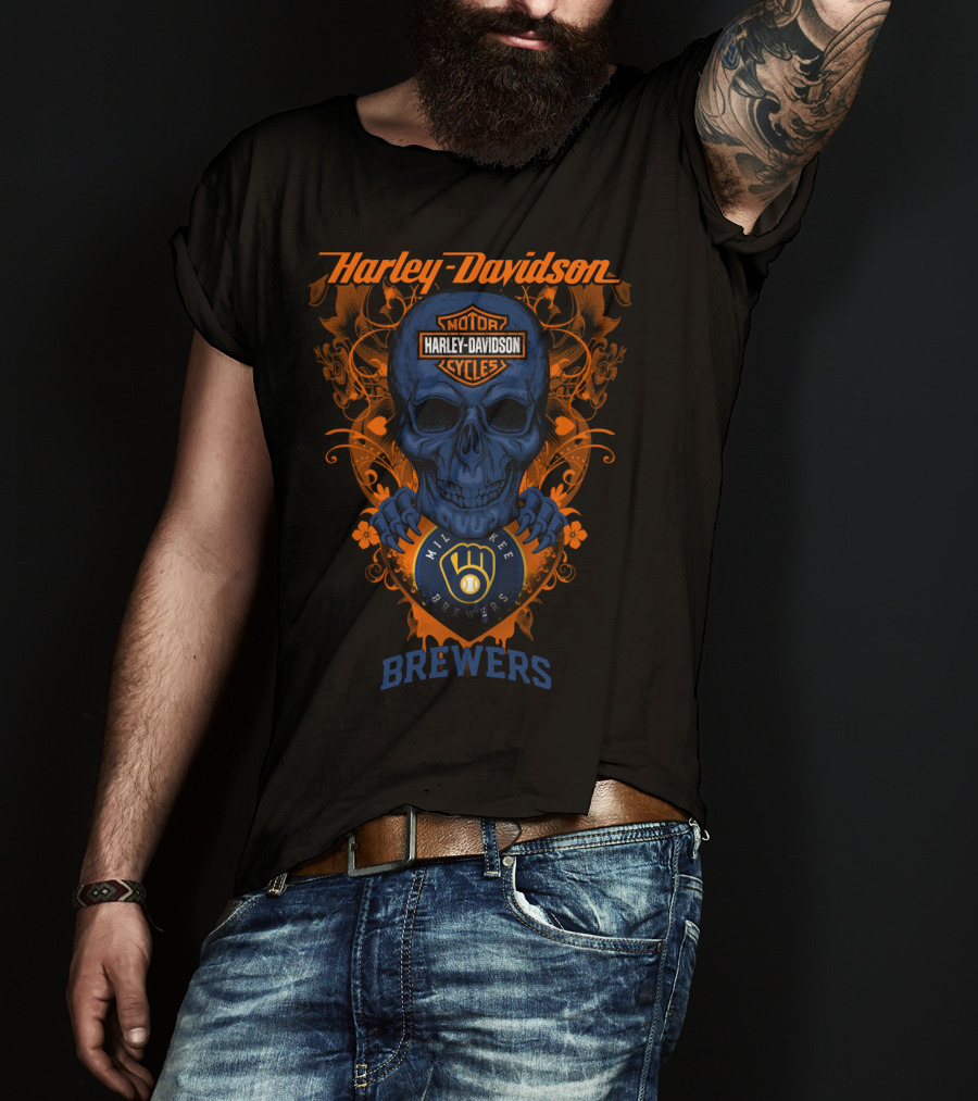 Harley Davidson Motorcycles Milwaukee Brewers Skull T-Shirt