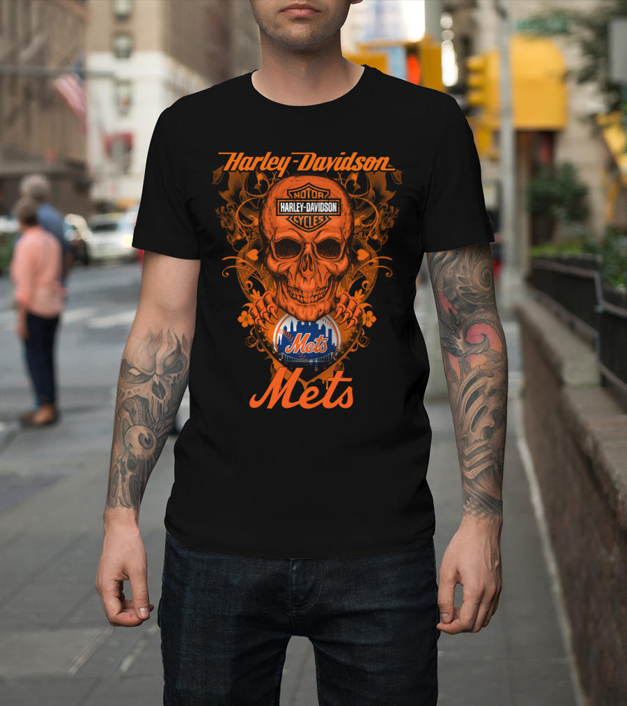 Harley Davidson Motor Cycles Skull New York Mets T-Shirt