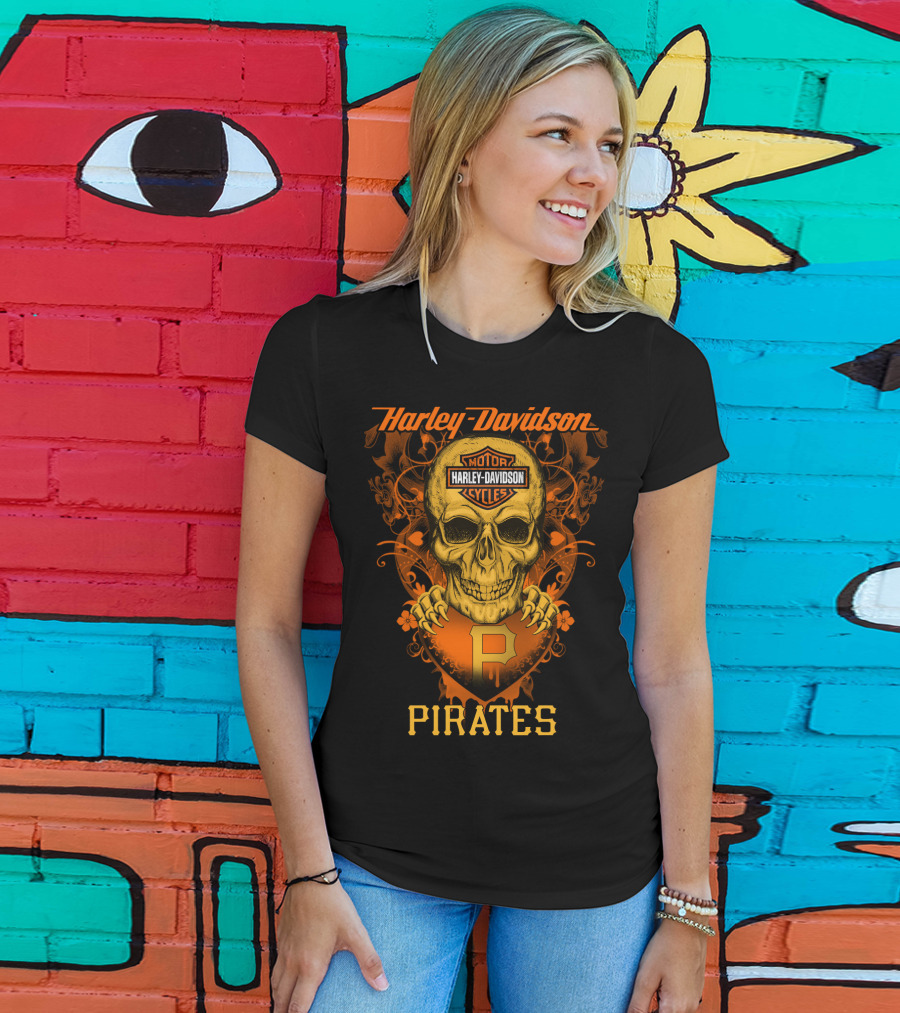 Harley Davidson Motor Cycles Skull Pittsburgh Pirates T-Shirt