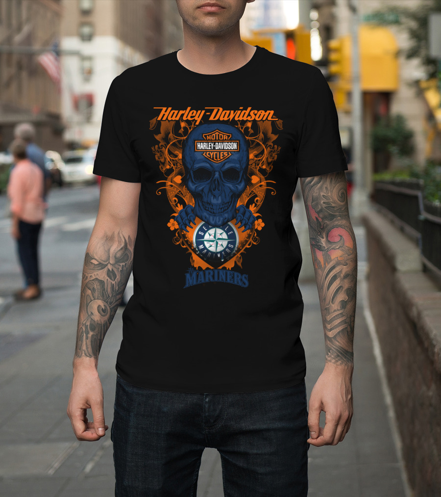 Harley Davidson Motor Cycles Seattle Mariners Skull T-Shirt