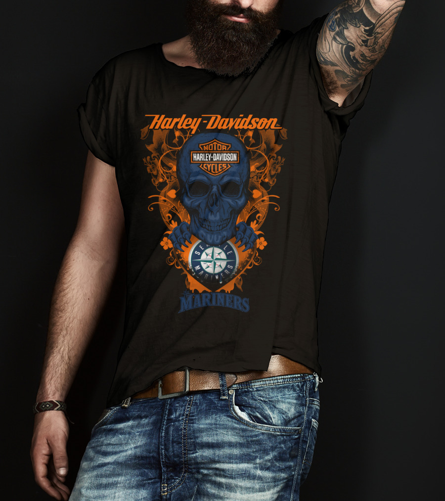 Harley Davidson Motor Cycles Seattle Mariners Skull T-Shirt