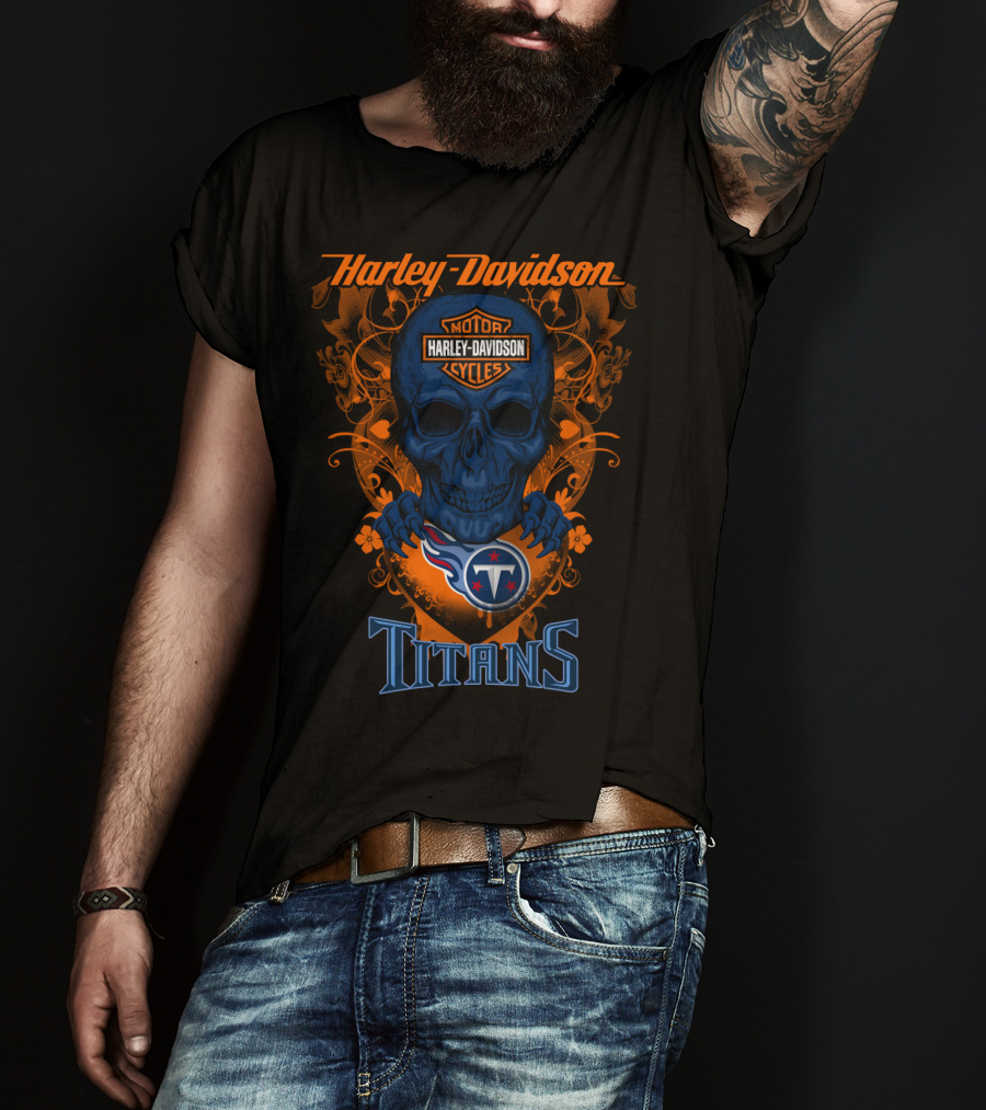 Harley Davidson Motor Cycles Skull With Tennessee Titans T-Shirt