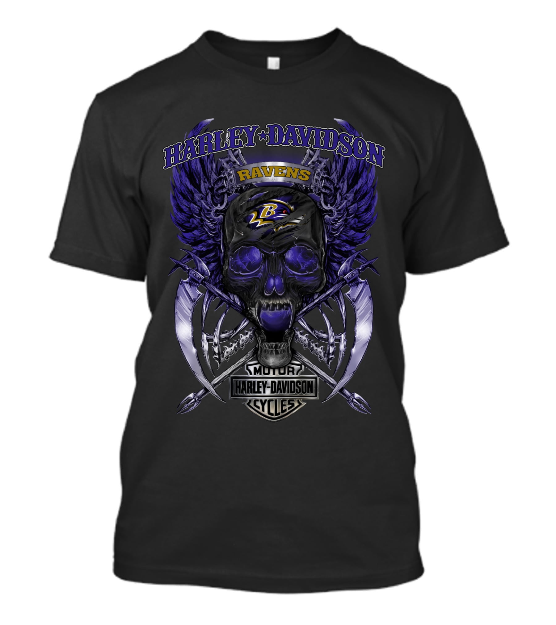 Harley Davidson Ravens Baltimore Skull Wings Motorcycle Cycles T-Shirt