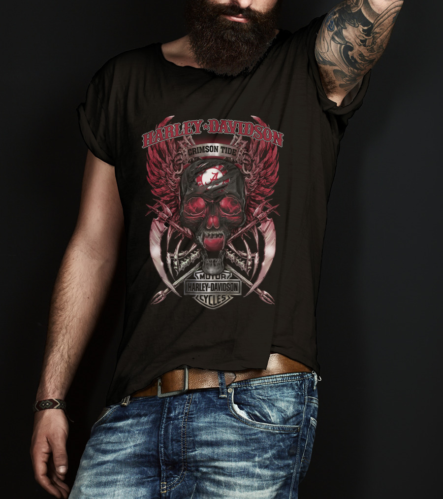 Harley Davidson Crimson Tide Alabama Motor Cycles Skull Winged T-Shirt