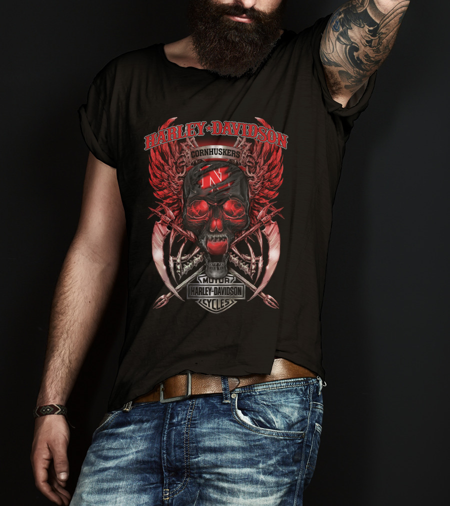 Harley Davidson Nebraska Cornhuskers N Skull Wings T-Shirt