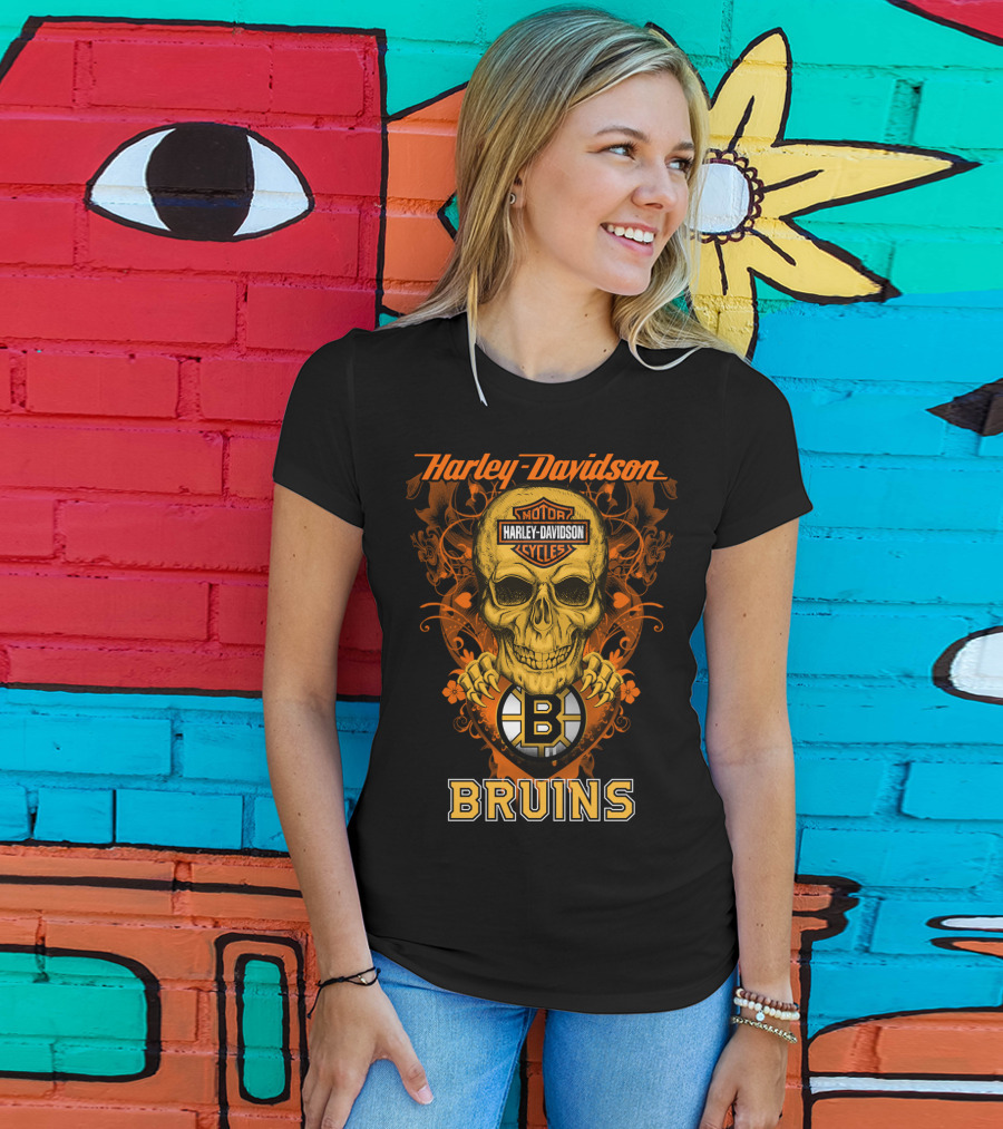 Harley Davidson Motor Cycles Skull Boston Bruins Nhl T-Shirt