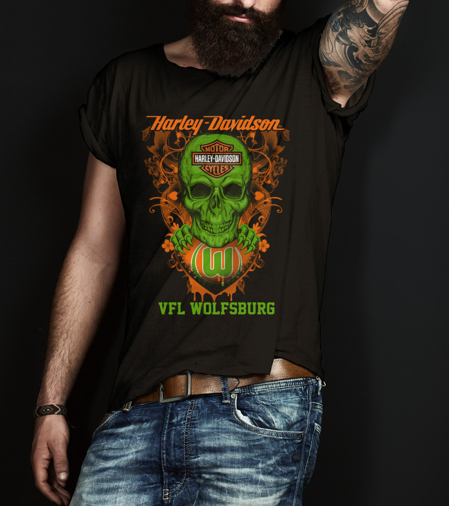 Harley Davidson Motorcycle Vfl Wolfsburg Green Skull T-Shirt