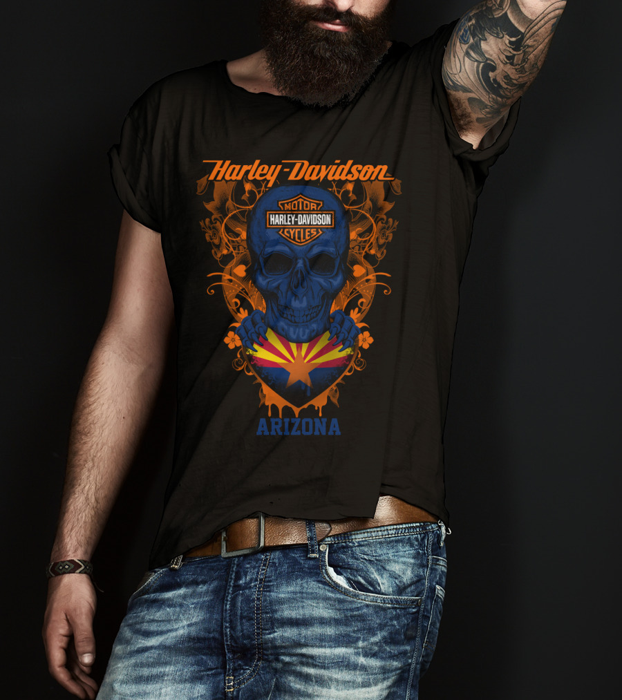 Harley Davidson Arizona Skull With State Flag T-Shirt