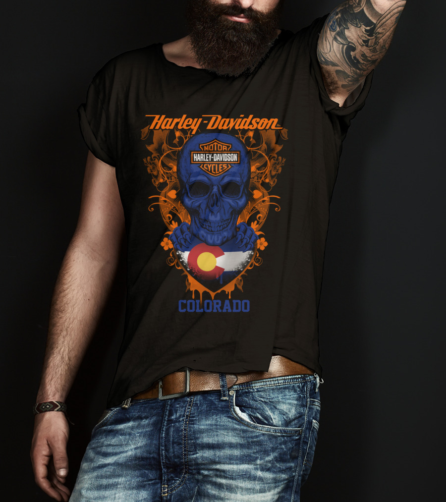 Harley Davidson Motorcycles Blue Skull Colorado Flag T-Shirt