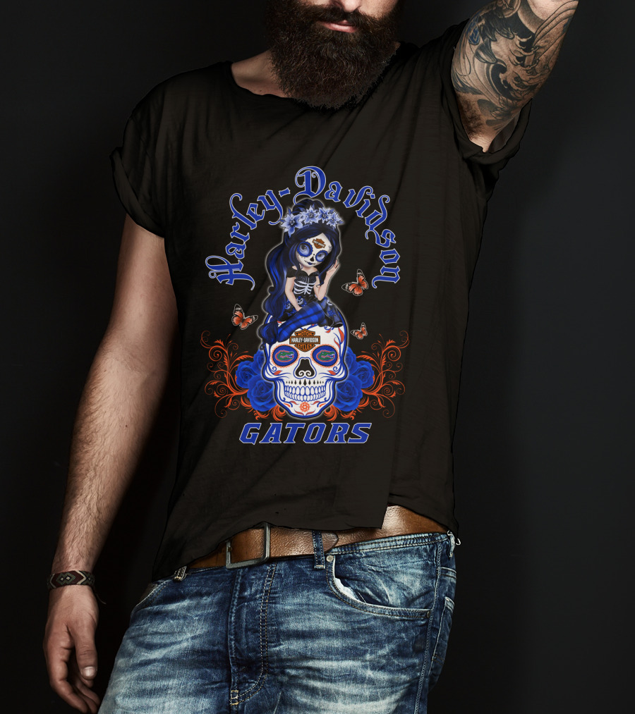 Harley Davidson Florida Gators Skull With Blue Roses And Butterflies T-Shirt