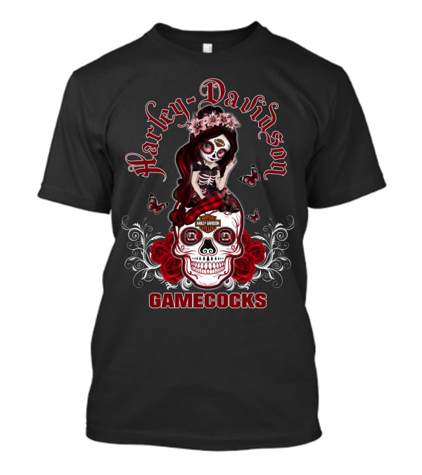 Harley Davidson Gamecocks Skull With Roses And Butterflies T-Shirt