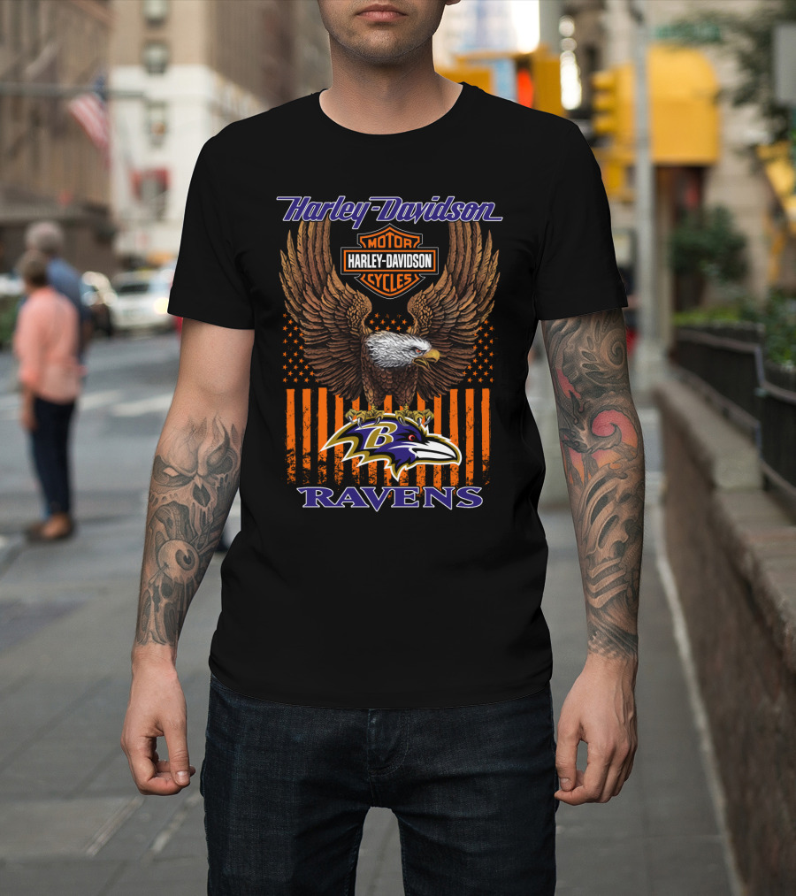 Harley Davidson Motor Cycles Baltimore Ravens Eagle American Flag T-Shirt