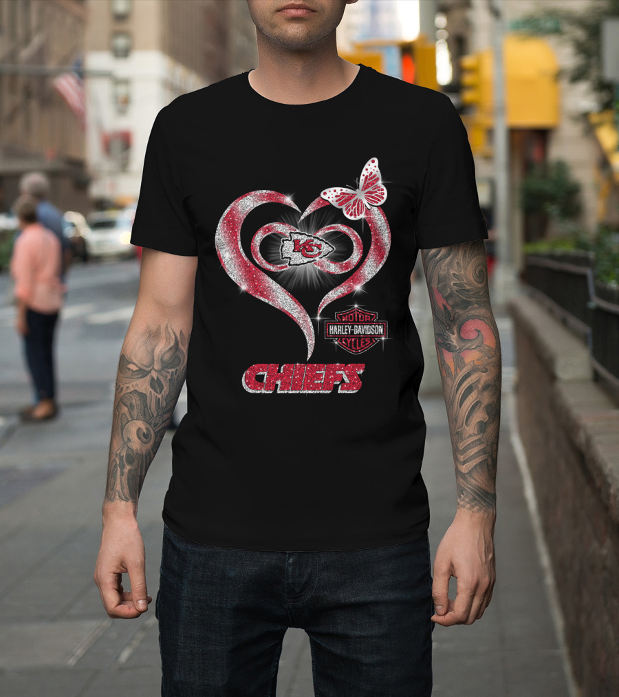 Kansas City Chiefs Harley Davidson Heart Butterfly T-Shirt